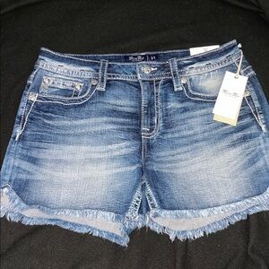 Miss Me Mid Rise Blue Jean Shorts with Frayed Hem, Beaded Southwest Accents